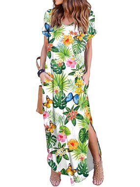 Women's Leaves05 Summer Maxi Long Dress Casual Loose Short Sleeve Split Pocket